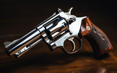 close-up-revolver-gun-showcased-wooden-board